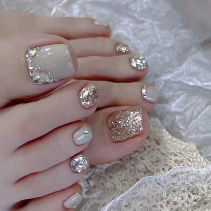 24Pcs False Toes Nails French Square Nude Color Nature Fake Toe Nails Feet Nail Tips Artificial Press On Toenails for Women 2025