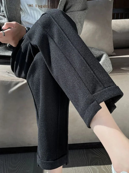 High-waisted Tweed Straight Pants 2024 Autumn/Winter New Women' S Pants Loose Casual Herringbone Warm Thickened Cropped Pants