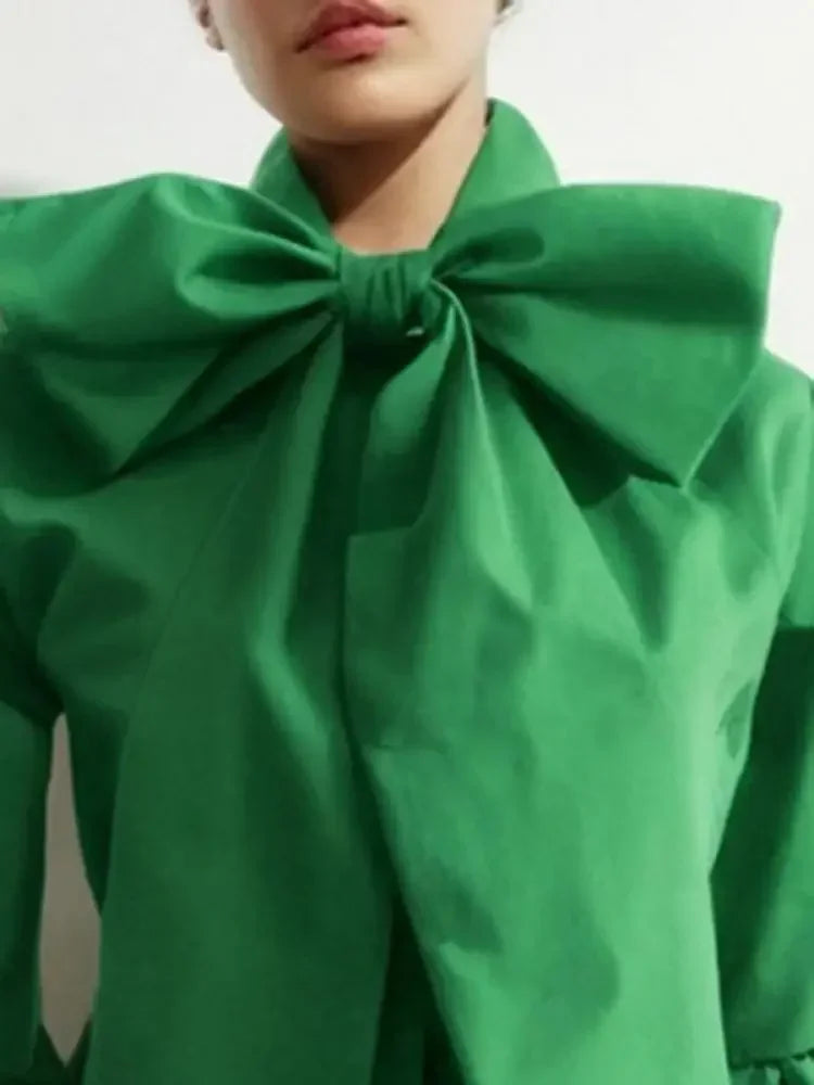 Modigirl Bowknot High Collar Shirt for Women 2024 New Lantern Sleeve Fit Solid Green Blouse Urban Women's Fashion Commuter Top