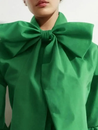 Modigirl Bowknot High Collar Shirt for Women 2024 New Lantern Sleeve Fit Solid Green Blouse Urban Women's Fashion Commuter Top