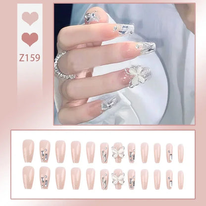 24pcs/box Fake Nails Press on Reusable with Designs Set French Artificial Aurora Diamond False Tipsy Stick-on Nails Tips Art