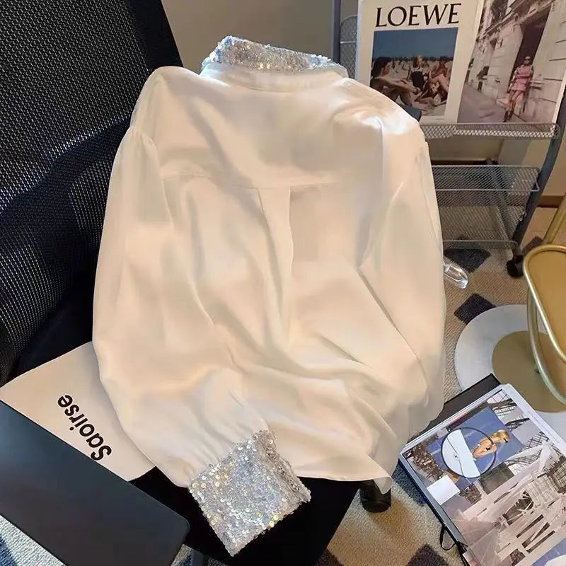 Spring Autumn Fashion Turn-down Collar Long Sleeve Blouses Women's Clothing French Style Sequined Button Trend All-match Shirts