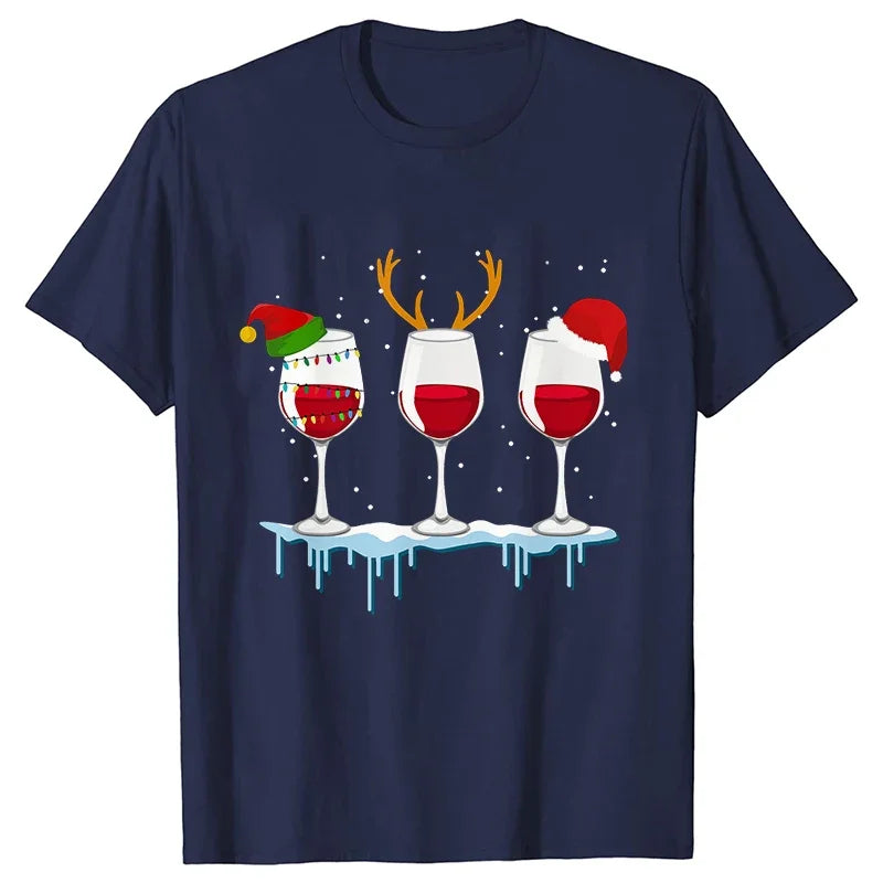 Christmas Wine T Shirts for Women Clothing Funny Cartoon T-shirts Kawaii Fashion Tshirt Korean Female Tops Christmas Wine Tees