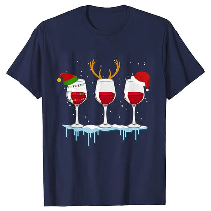 Christmas Wine T Shirts for Women Clothing Funny Cartoon T-shirts Kawaii Fashion Tshirt Korean Female Tops Christmas Wine Tees