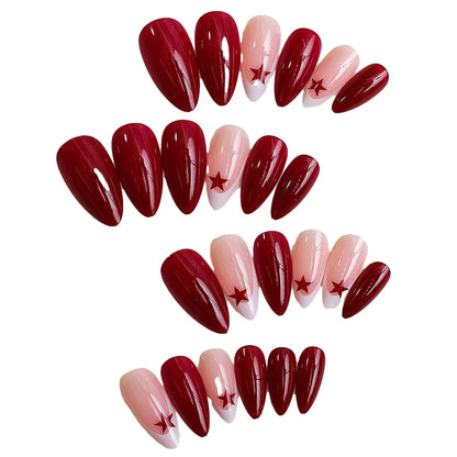 French Fake Nails Red Five-pointed Star False Nails Full Cover Press on Nail Tips y2k Nail Art Almond Artificial Nail Patches