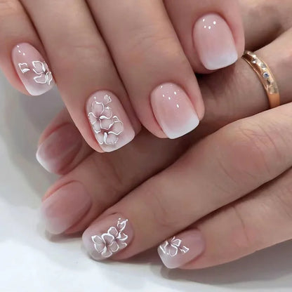 24Pcs White Ice Camellia Short False Nails Art Light Pink Sweet Girls Acrylic Press on Nails Full Cover Removable Fake Nail Set