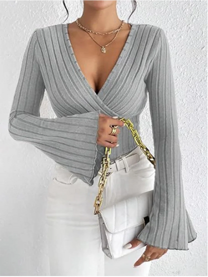 Sexy V-neck Flared Long Sleeved Solid Color Low Cut Women's T-shirt High Street Fashion Slim Fit Elegant Women's Top