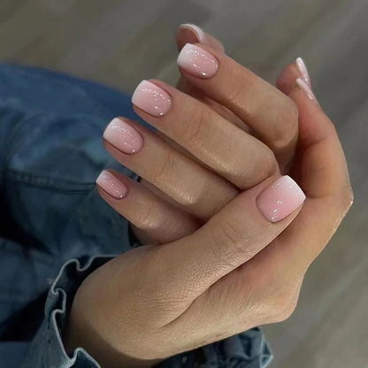 24Pcs White Ice Camellia Short False Nails Art Light Pink Sweet Girls Acrylic Press on Nails Full Cover Removable Fake Nail Set