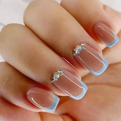 Y2K 24 Pcs Medium Square Press On Nails Pink And Blue French Style False Nails With Rhinestone Shiny Reusable For Women