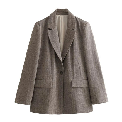 TRAFZA Women Vintage Herringbone Straight-Cut Blazer Lapel Buttons Pockets Blazer New 2024 Fall Winter Fashion Commuter Blazer