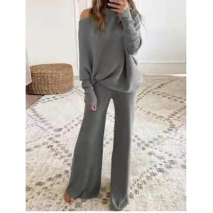 Fashion Long-sleeved Bateau Collar Top + Wide-leg Pants 2-piece Set Women Elegant Autumn Solid Color Knitted Loose Suit Female
