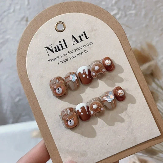 10Pcs Brown Handmade Press on Nails Short Square Chocolate Bear Design Nail Tips Cute Acrylic False Nail for Women/Girls Autumn