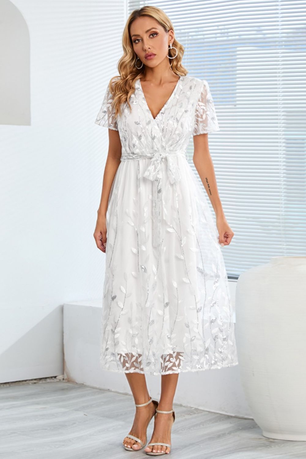 Sequin Leaf Embroidery Tie Front Short Sleeve Dress