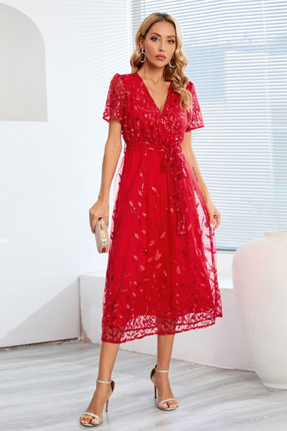 Sequin Leaf Embroidery Tie Front Short Sleeve Dress