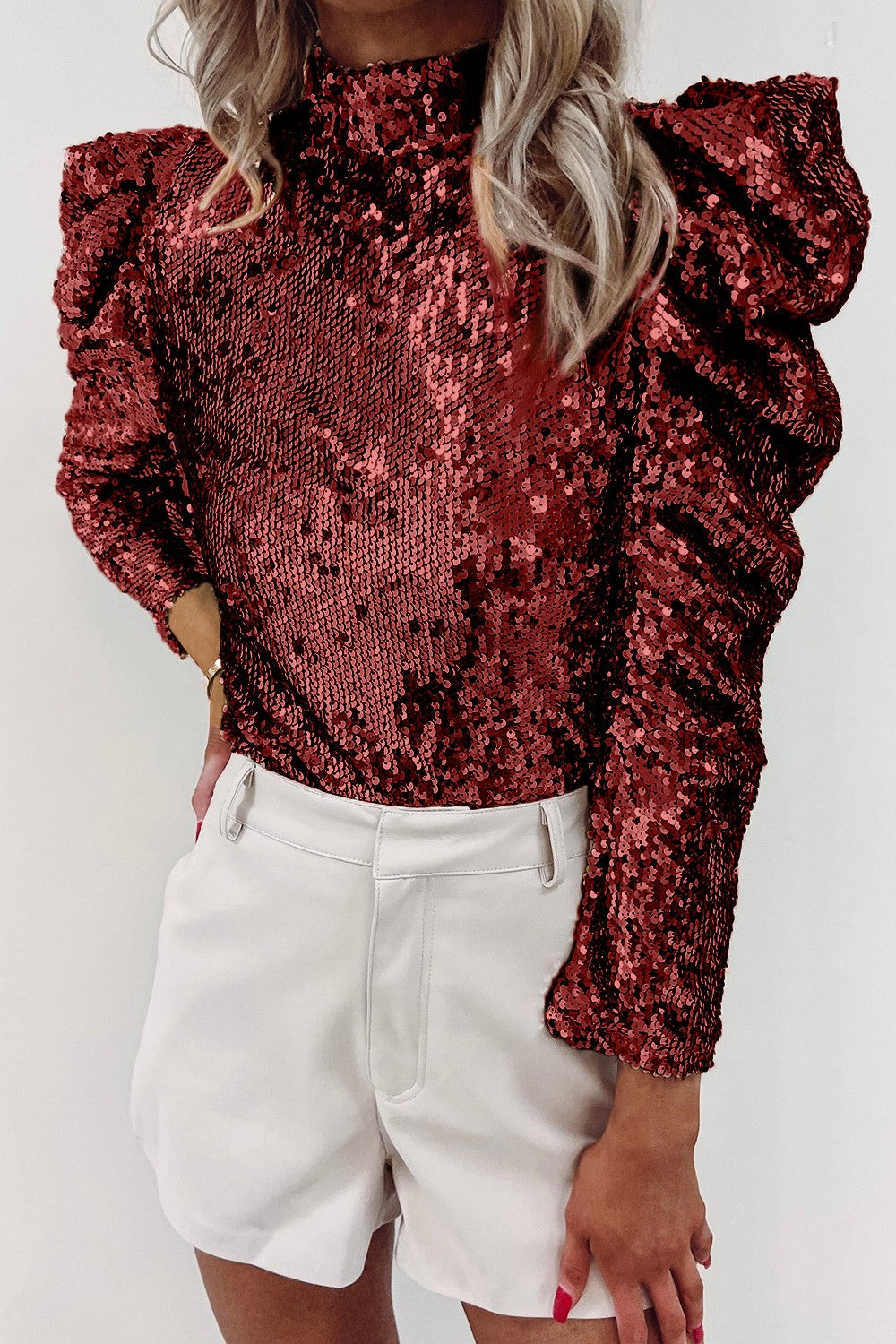 Sequin Mock Neck Leg-Of-Mutton Sleeve Top