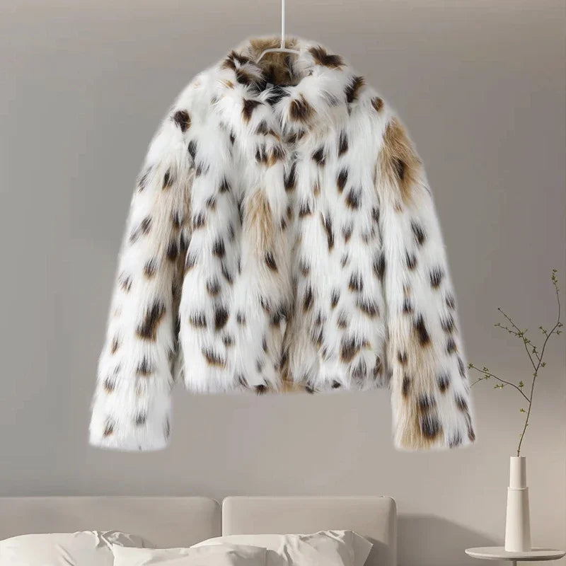 Leopard Faux Fur Short Coat Women Autumn Winter Plush Stand Collar Panelled Jacket Female Warm Stylish Outerwear Lady Casual New