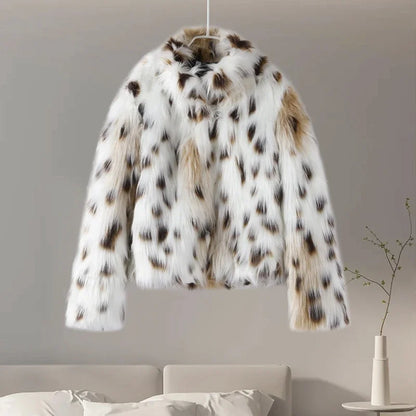 Leopard Faux Fur Short Coat Women Autumn Winter Plush Stand Collar Panelled Jacket Female Warm Stylish Outerwear Lady Casual New
