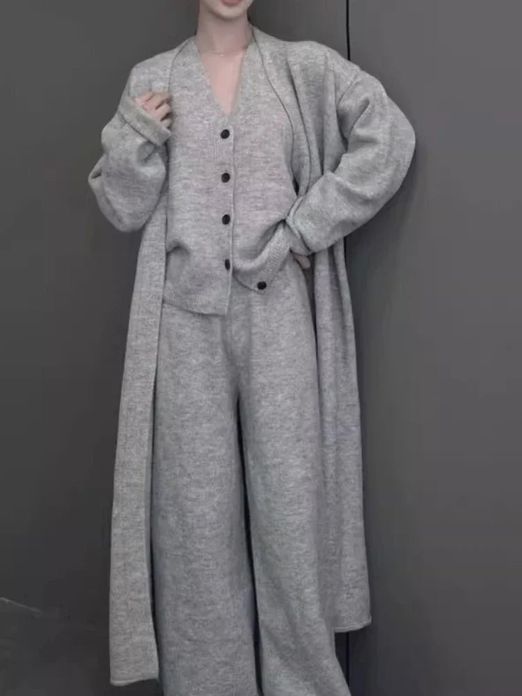 Thick Knited 3 Piece Sets Elegant Women Long Sleeve Sweater Coat+Single Breasted Knit Vest+Trousers 2024 Autumn Winter New
