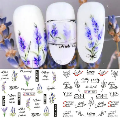 12pcs Black Leaves Letter Nail Stickers Water Transfer Decals Purple Flower Lace Sliders Decorations Manicure Charm Foils LABN