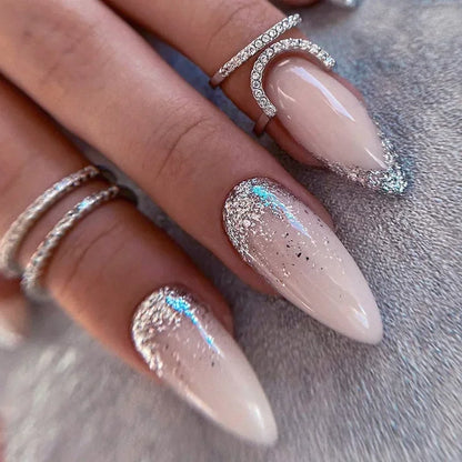 24Pcs French Gold Edge Wearable Almond Press on Fake Nails Simple Pearl Decoration False Nails with Glue Full Over Manicure Tips