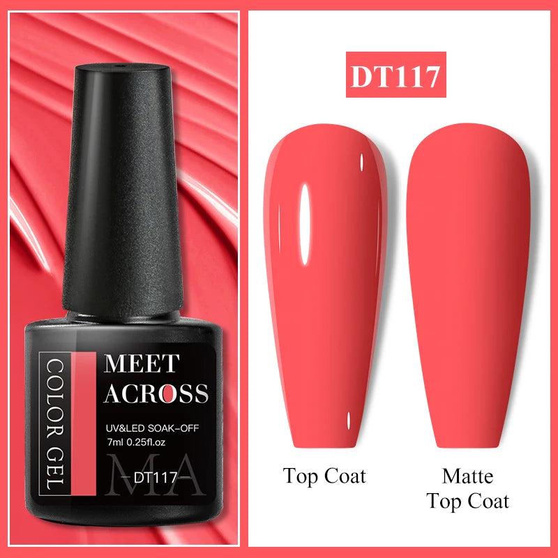 MEET ACROSS 7ml Red Gel Nail Polish Crystal Semi Permanent Soak Off UV Gel Varnish Nail Art Manicure Base Matte Top Coat Vernis