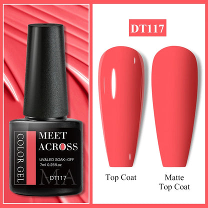 MEET ACROSS 7ml Red Gel Nail Polish Crystal Semi Permanent Soak Off UV Gel Varnish Nail Art Manicure Base Matte Top Coat Vernis