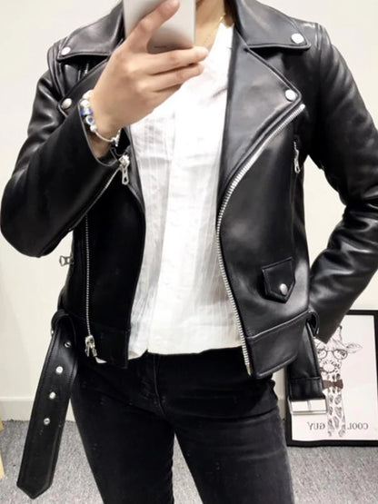2023 New 4 Color Women Spring Autumn Black Faux Leather Jackets Zipper Basic Coat Turn-down Collar Motor Biker Jacket With Belt