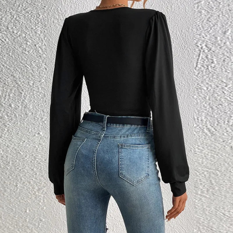 Sexy Deep V Neck Long Sleeve Solid Tops And Blouses Women's 2024 Autumn Slim Elegant Streetwear Top Femme Blouse For Women