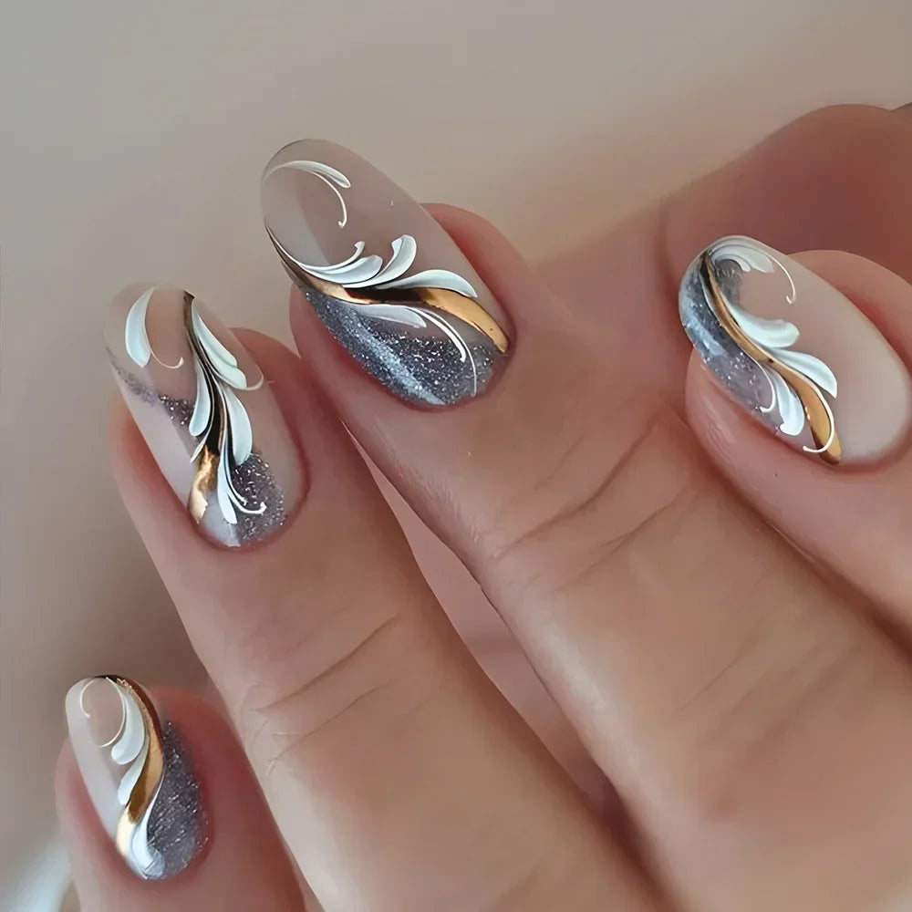 24Pcs Autumn Winter Matte Almond False Nails with Glue Rose Leaf Printing Nail Art Simple Full Cover Press on Acrylic Nails Tips