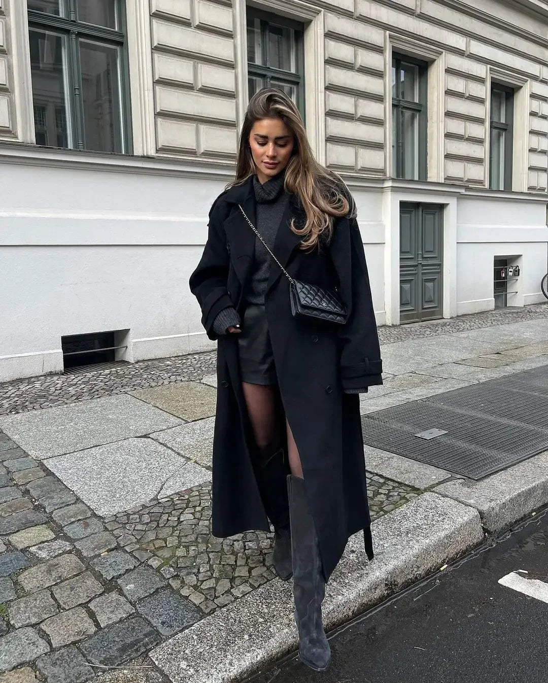 Elegant With Belt Black Long Coat For Women Oversize Woolen Double Button Lapel Overcoat Autumn New Lady High Street Outerwear