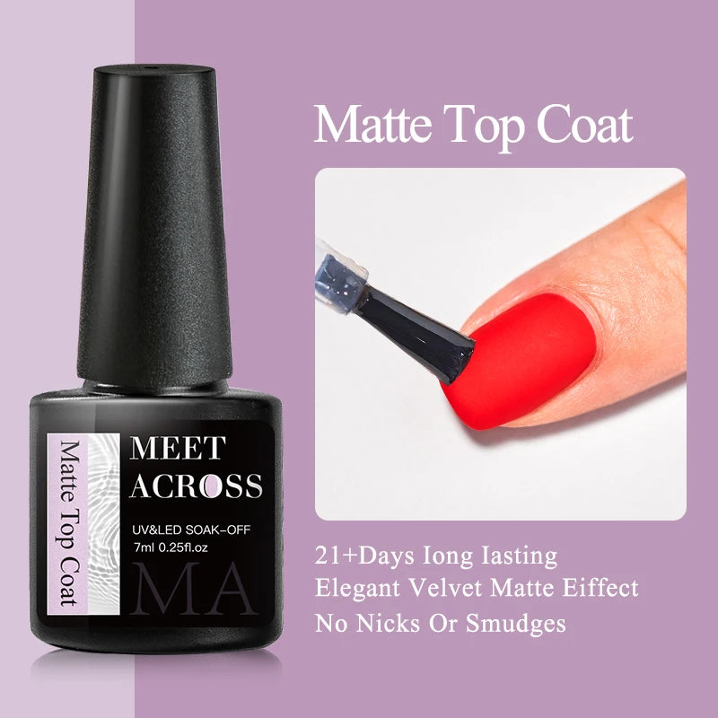 MEET ACROSS 7ml Red Gel Nail Polish Crystal Semi Permanent Soak Off UV Gel Varnish Nail Art Manicure Base Matte Top Coat Vernis