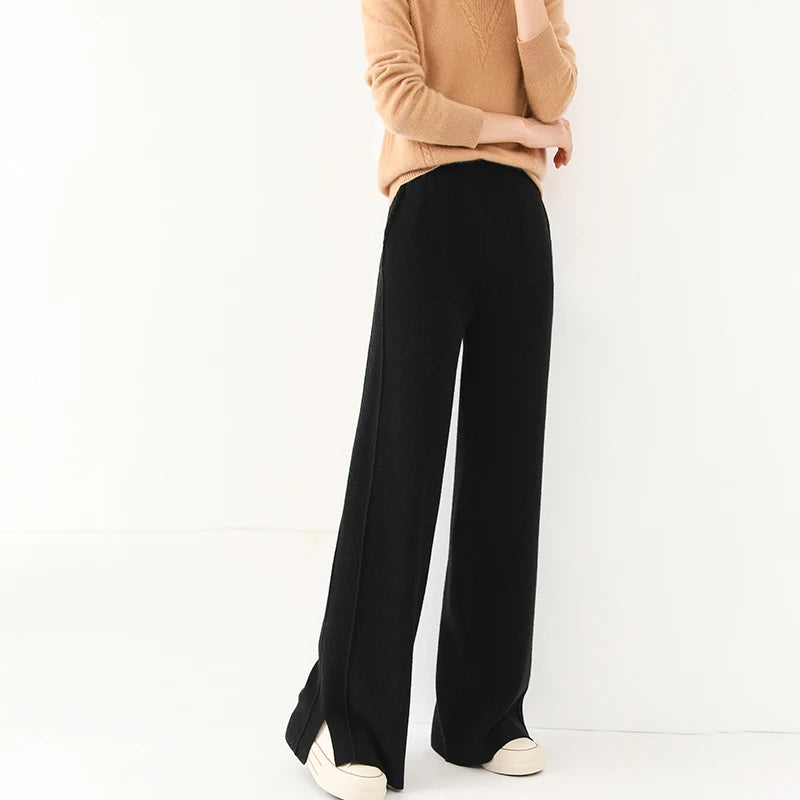 2024 new wool women's pants, high waisted loose cashmere floor pants  knitted fashionable hot selling women's wide leg pants
