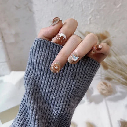 10Pcs Brown Handmade Press on Nails Short Square Chocolate Bear Design Nail Tips Cute Acrylic False Nail for Women/Girls Autumn