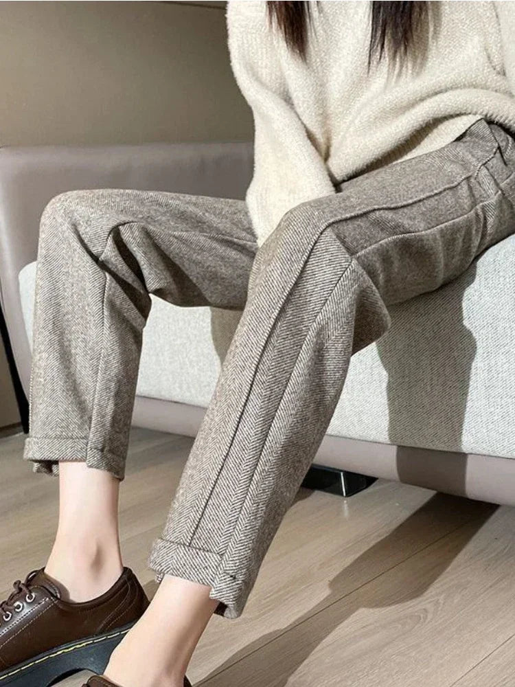 High-waisted Tweed Straight Pants 2024 Autumn/Winter New Women' S Pants Loose Casual Herringbone Warm Thickened Cropped Pants