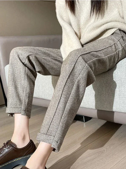 High-waisted Tweed Straight Pants 2024 Autumn/Winter New Women' S Pants Loose Casual Herringbone Warm Thickened Cropped Pants
