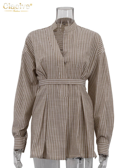 Clacive Vintage Loose Brown Stripe Women Shirts 2025 Fashion Stand Collar Long Sleeve Shirt Elegant Classic Top Female Clothing