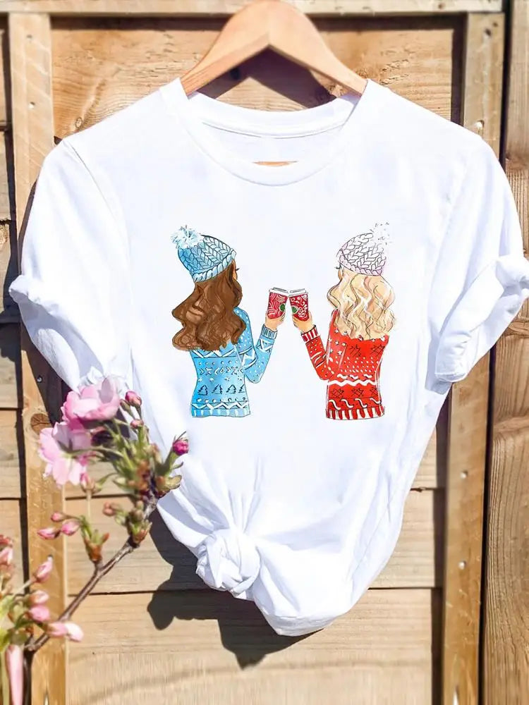 Merry Christmas New Year Holiday Graphic T Tee Fashion Cat Tree Lovely 90s Cute 2025 Print T Top Women Shirt Clothing T-shirts