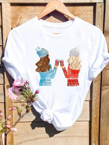 Merry Christmas New Year Holiday Graphic T Tee Fashion Cat Tree Lovely 90s Cute 2025 Print T Top Women Shirt Clothing T-shirts