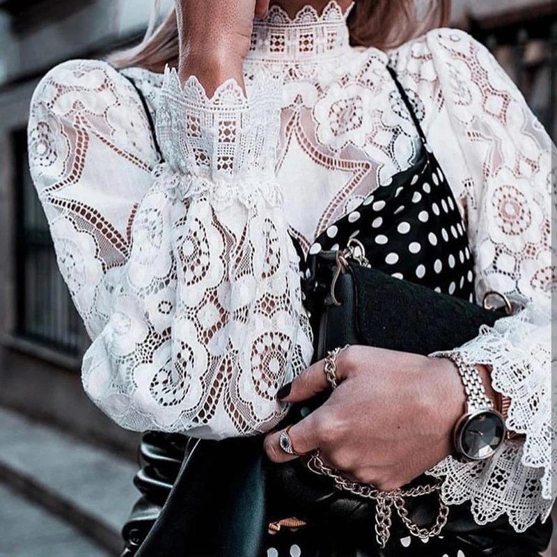 Lace Women Blouses Casual Solid Half High Collar Hollow Out White Shirt Embroidery Loose Womens Tops And Blouses Spring Tunic