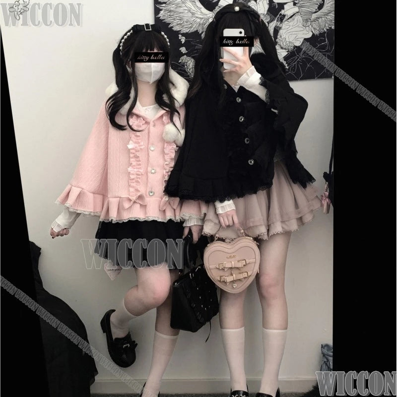 Jirai Kei Pompon Hooded Cape Cosplay Costume Cute Kawaii Falbala Cloak Winter Dress Girl Women Christmas Holloween Customized