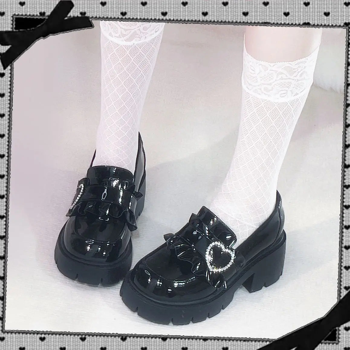 [Olmee] In Stock Jirai Kei Loafer Shoes Rhinestone Heart Japanese Basic Black Leather Lolita Cute Mine Style Kawaii y2k Sweet