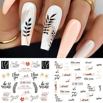 12pcs Black Leaves Letter Nail Stickers Water Transfer Decals Purple Flower Lace Sliders Decorations Manicure Charm Foils LABN