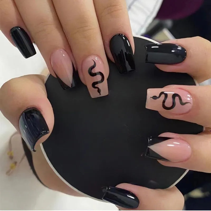 24pcs/set Black Reusable Adhesive Fake Nails Beveled French Snake Pattern Wearing Art False Nails Finished Fashion Press on Nail