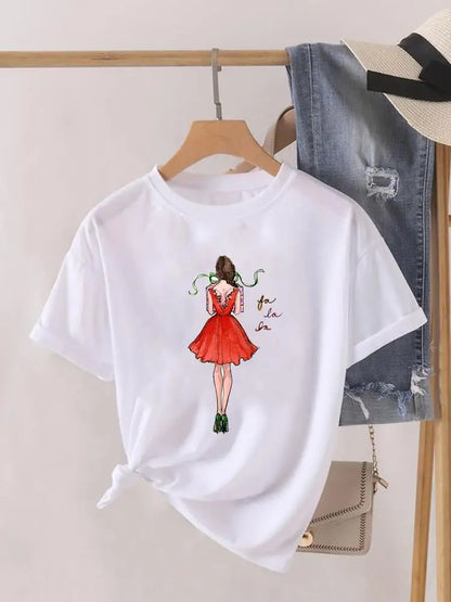Lady New Year Short Sleeve Print Fashion Women Shirt Tee Top Paw Dog Cat Trend Cute Christmas Clothing Clothes Graphic T-shirt