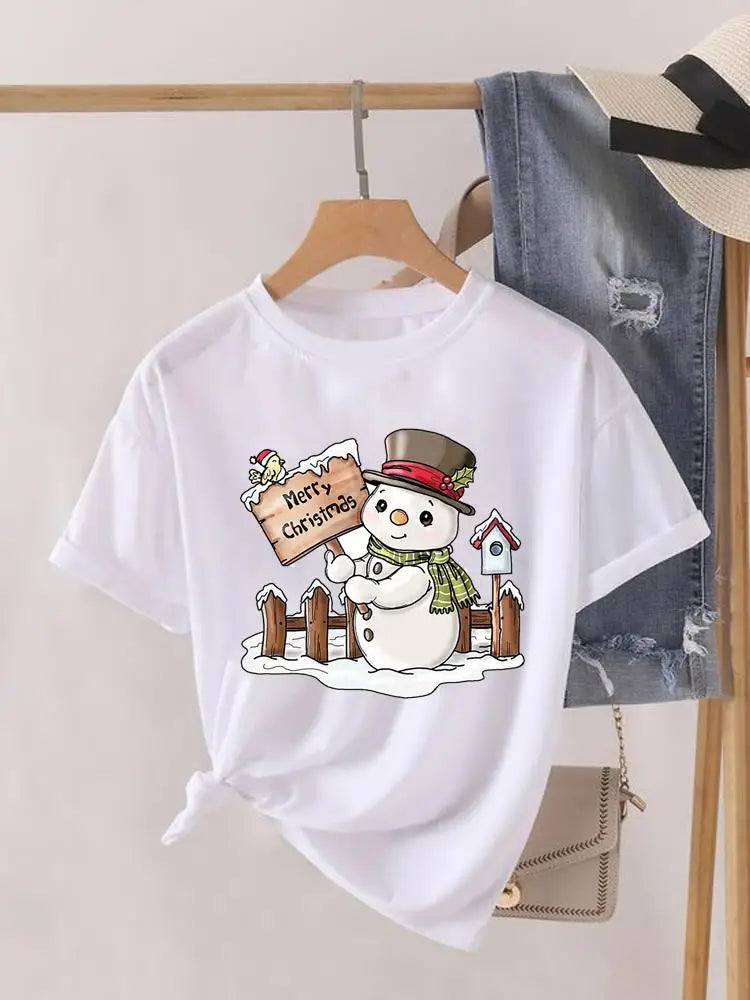 Lady New Year Short Sleeve Print Fashion Women Shirt Tee Top Paw Dog Cat Trend Cute Christmas Clothing Clothes Graphic T-shirt