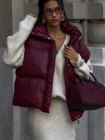 2024 Winter Solid Drawstring Quilted Cotton Coat Fashion Stand Collar Hooded Warm Jacket Lady New Thicken Casual Streetwear