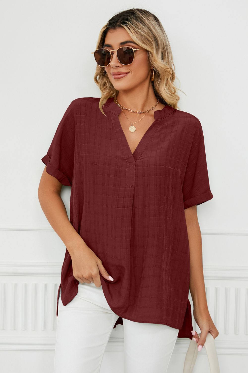 Side Slit Notched Neck Cuffed Short Sleeve Blouse