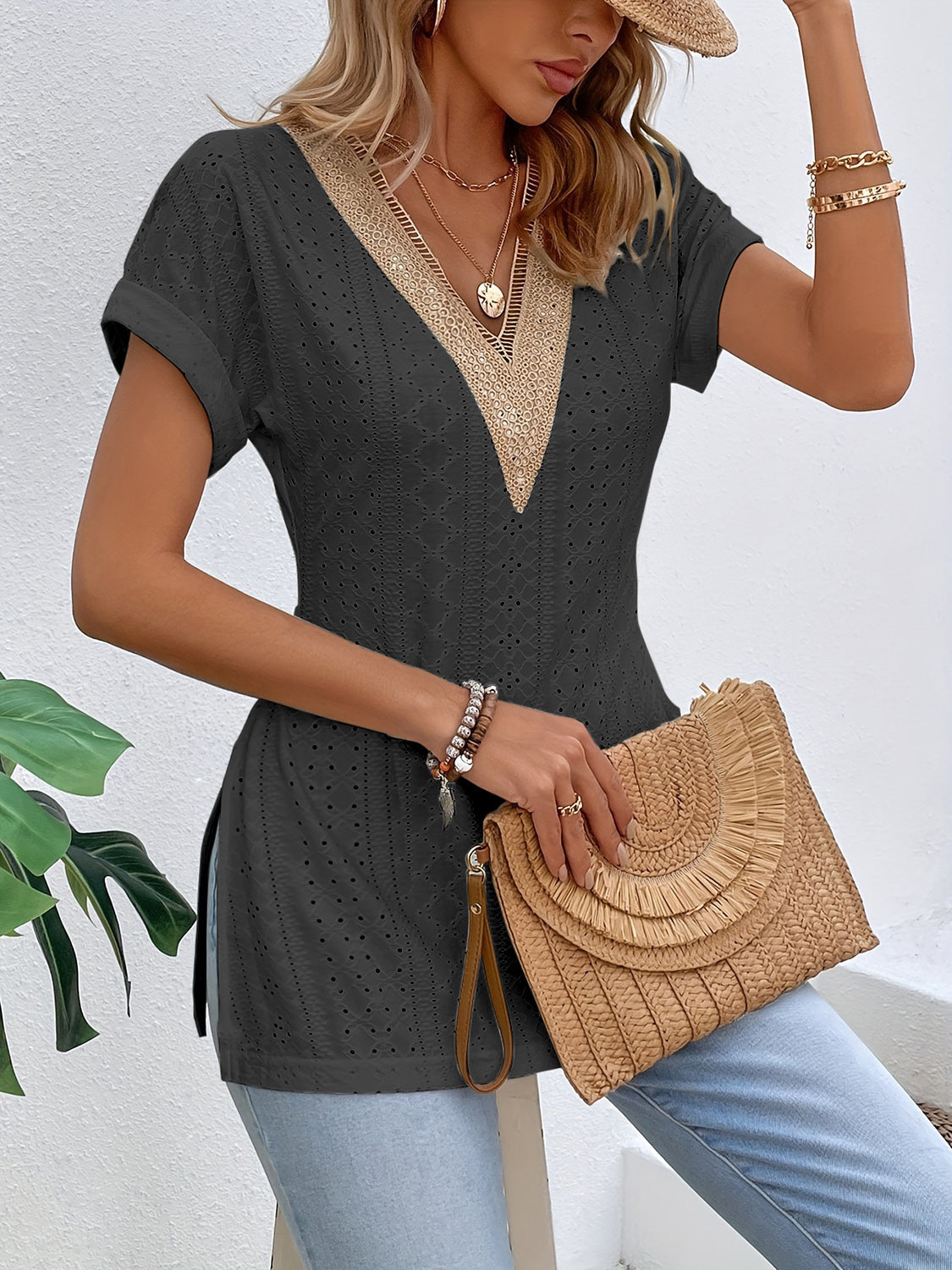 Slit Eyelet V-Neck Short Sleeve Blouse