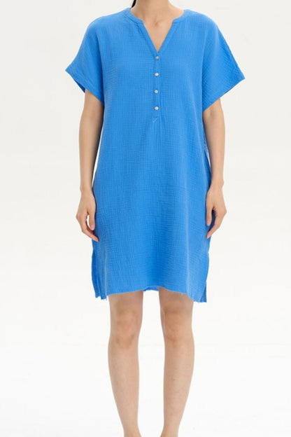 Slit Notched Short Sleeve Mini Dress