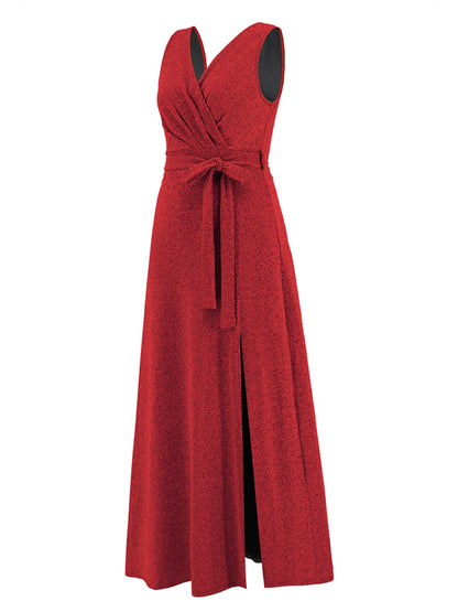 Slit Surplice Tie Waist Sleeveless Dress